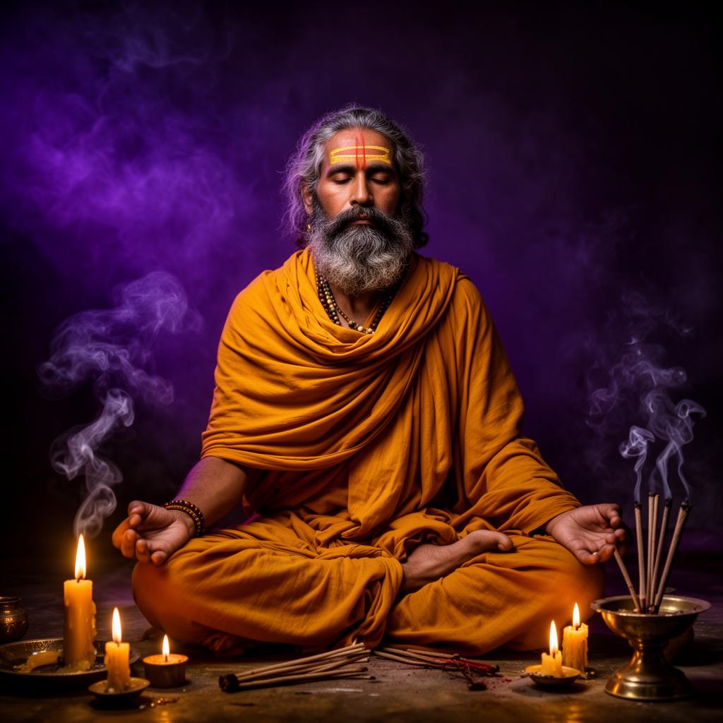 A sadhu in meditation by the Ganges at dusk